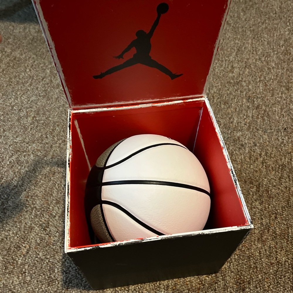 Jordan White and Black Basketball Display Ball and box